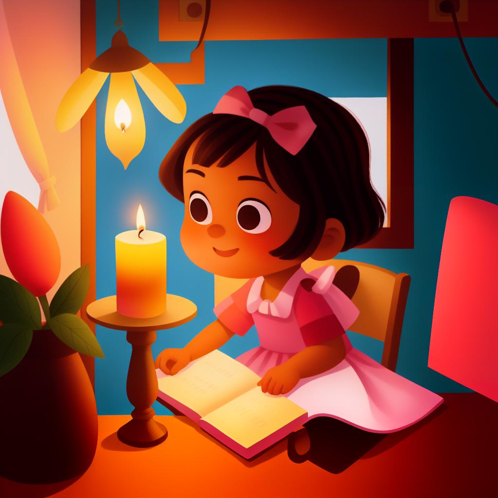  a girl with brown short hair and pink dress is sitting on the chair, in the cabin, candle lights