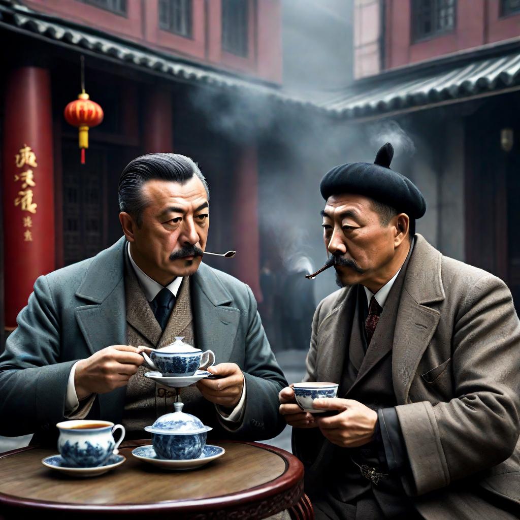  Turkish reformist Tevfik Fikret and Chinese writer Lu Xun are drinking tea in Istanbul hyperrealistic, full body, detailed clothing, highly detailed, cinematic lighting, stunningly beautiful, intricate, sharp focus, f/1. 8, 85mm, (centered image composition), (professionally color graded), ((bright soft diffused light)), volumetric fog, trending on instagram, trending on tumblr, HDR 4K, 8K