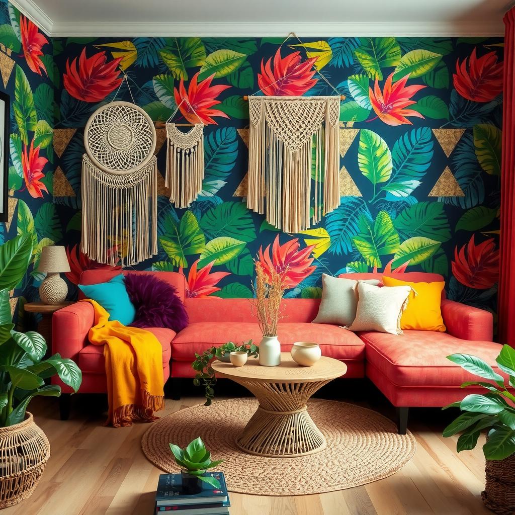  cozy boho living room with vibrant patterned wallpaper featuring tropical leaves and geometric designs. include plush seating with colorful throw pillows, macramé wall hangings, a woven rug on a wooden floor, and a mix of indoor plants to enhance the bohemian atmosphere.,