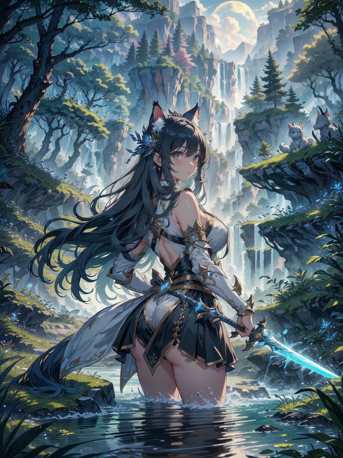  master piece, best quality, ultra detailed, highres, 4k.8k, Royal Knight, Cat eared girl, Amazoness, Holding a sacred sword with water attribute power., Majestic and determined., BREAK A beautiful royal knight with cat ears and an Amazoness holding a sacred sword with water attribute power is depicted., Enchanted forest clearing near a flowing river., Sacred sword, flowing river, enchanted forest, moonlight, BREAK Mysterious and enchanting, Moonlight shining on the characters, enhancing the magical atmosphere., holding sword