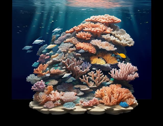  masterpiece, best quality, beautiful deep sea full of corals, diverse marine life and fascinating underwater landscapes with corals, appendages, small fish, anemones, dolphins, various algae, caves, colorful, 8k resolution and intricate detail