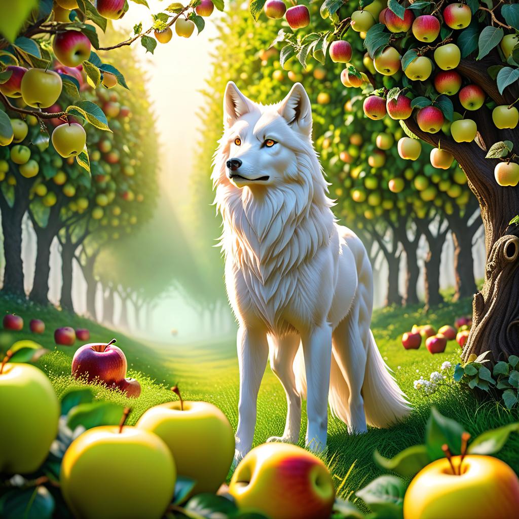  ethereal fantasy concept art of (Background): apple orchard. An apple orchard with golden fruit and crystal leaves. In the orchard sits a white werewolf wolf cub with green eyes, black nose. Style:fantasy . magnificent, celestial, ethereal, painterly, epic, majestic, magical, fantasy art, cover art, dreamy hyperrealistic, full body, detailed clothing, highly detailed, cinematic lighting, stunningly beautiful, intricate, sharp focus, f/1. 8, 85mm, (centered image composition), (professionally color graded), ((bright soft diffused light)), volumetric fog, trending on instagram, trending on tumblr, HDR 4K, 8K