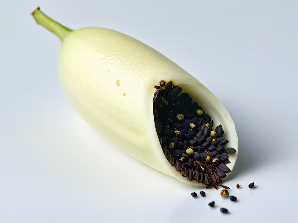  An elegant, minimalistic closeup image of a vanilla bean pod split open, revealing the tiny black seeds inside. The focus is sharp, capturing the intricate details of the seeds against the smooth, pale surface of the pod. Light delicately plays on the seeds, creating a visually striking contrast. This image evokes a sense of sophistication and natural beauty, perfect for enhancing the sensory experience of intensifying aromas in desserts. hyperrealistic, full body, detailed clothing, highly detailed, cinematic lighting, stunningly beautiful, intricate, sharp focus, f/1. 8, 85mm, (centered image composition), (professionally color graded), ((bright soft diffused light)), volumetric fog, trending on instagram, trending on tumblr, HDR 4K, 8K