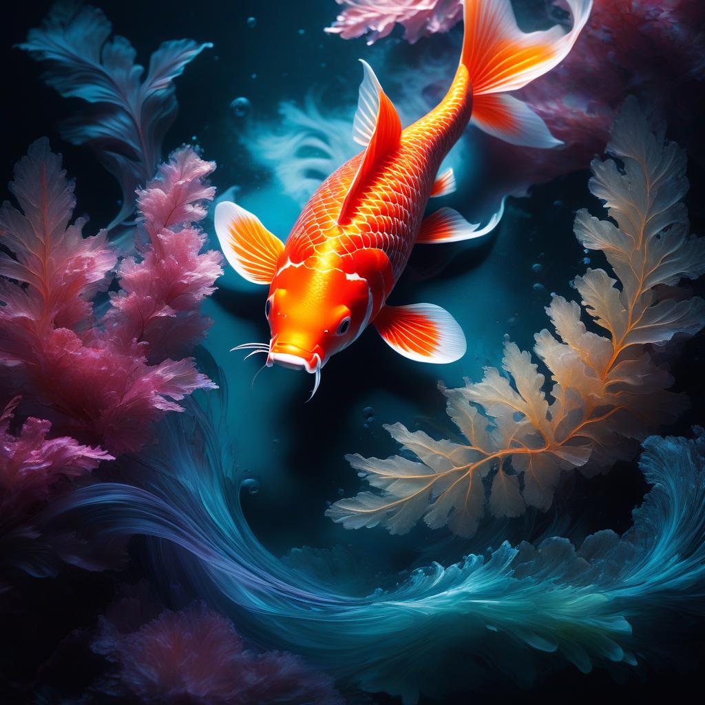  Digital Image. One translucent koi carp, Taisho Sanshoku. Beautiful, perfectly shaped, with a harmonious composition of bright spots. Luminous, bioluminescent. With x ray effect. With beautiful fiery fins and tail. Background: surreal abstractionism with splashes and waves. Magical realism. Splash art, spirit ink. Meticulous detail, sharp focus, dark fantasy, luminous, colourful fractal painting, intense colour. HDR, octane rendering, cinematic light. hyperrealistic, full body, detailed clothing, highly detailed, cinematic lighting, stunningly beautiful, intricate, sharp focus, f/1. 8, 85mm, (centered image composition), (professionally color graded), ((bright soft diffused light)), volumetric fog, trending on instagram, trending on tumblr, HDR 4K, 8K