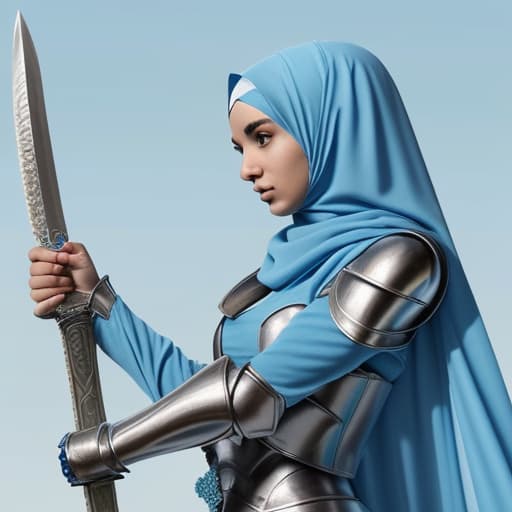  Super hero Muslim woman warrior with baby blue hijab and sword and armor
