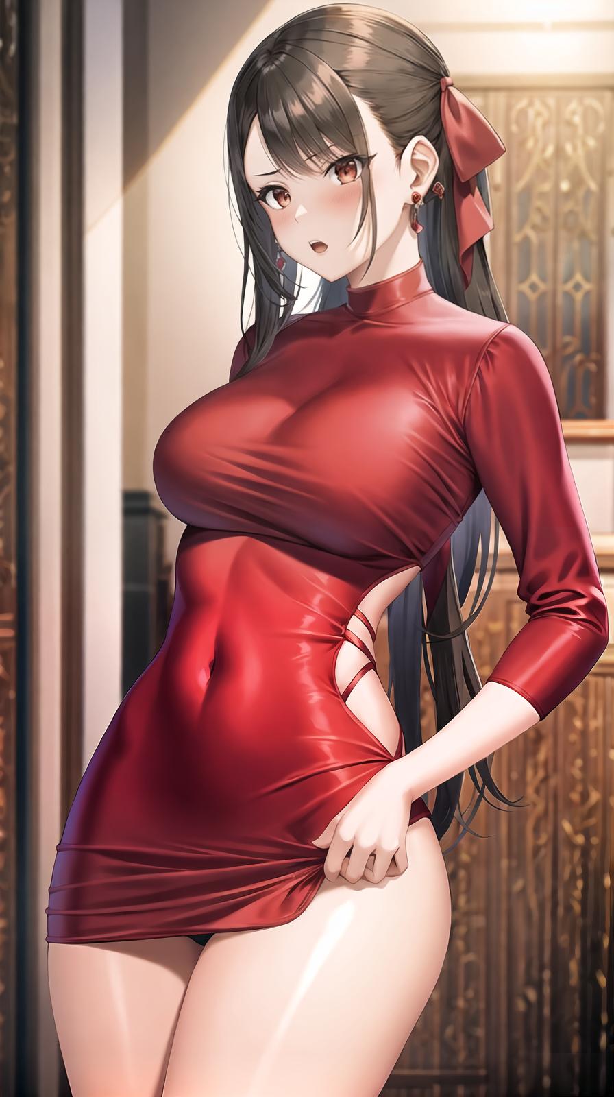  master piece , best quality,woman, scared, affection, sideburns, red, clothing dress, swimsuit, earring, hair ribbon, thin,whole body