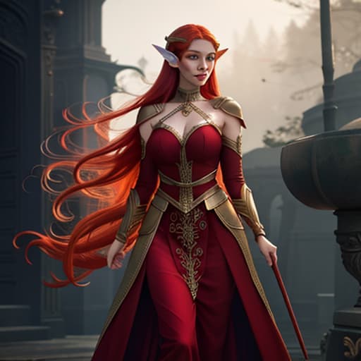  beautiful elf woman,, red hair, big  hyperrealistic, full body, detailed clothing, highly detailed, cinematic lighting, stunningly beautiful, intricate, sharp focus, f/1. 8, 85mm, (centered image composition), (professionally color graded), ((bright soft diffused light)), volumetric fog, trending on instagram, trending on tumblr, HDR 4K, 8K