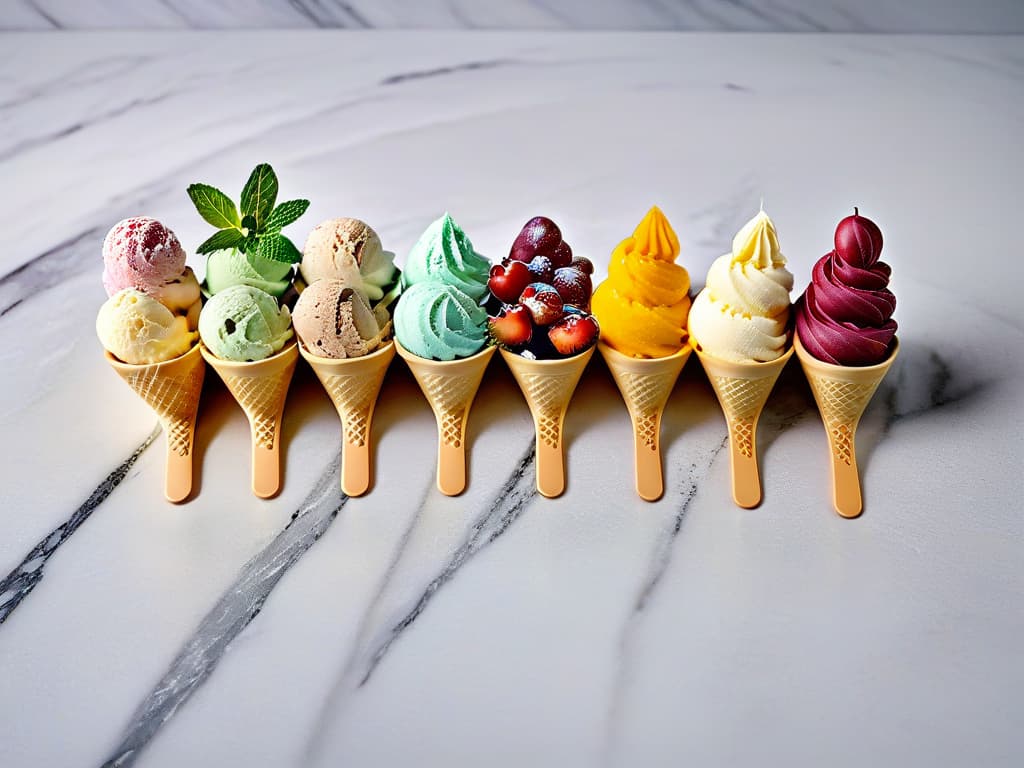  A minimalistic image of a variety of colorful vegan ice cream scoops neatly arranged in a row on a sleek marble countertop, garnished with fresh mint leaves and berries, with a soft focus background of kitchen utensils and ingredients. hyperrealistic, full body, detailed clothing, highly detailed, cinematic lighting, stunningly beautiful, intricate, sharp focus, f/1. 8, 85mm, (centered image composition), (professionally color graded), ((bright soft diffused light)), volumetric fog, trending on instagram, trending on tumblr, HDR 4K, 8K