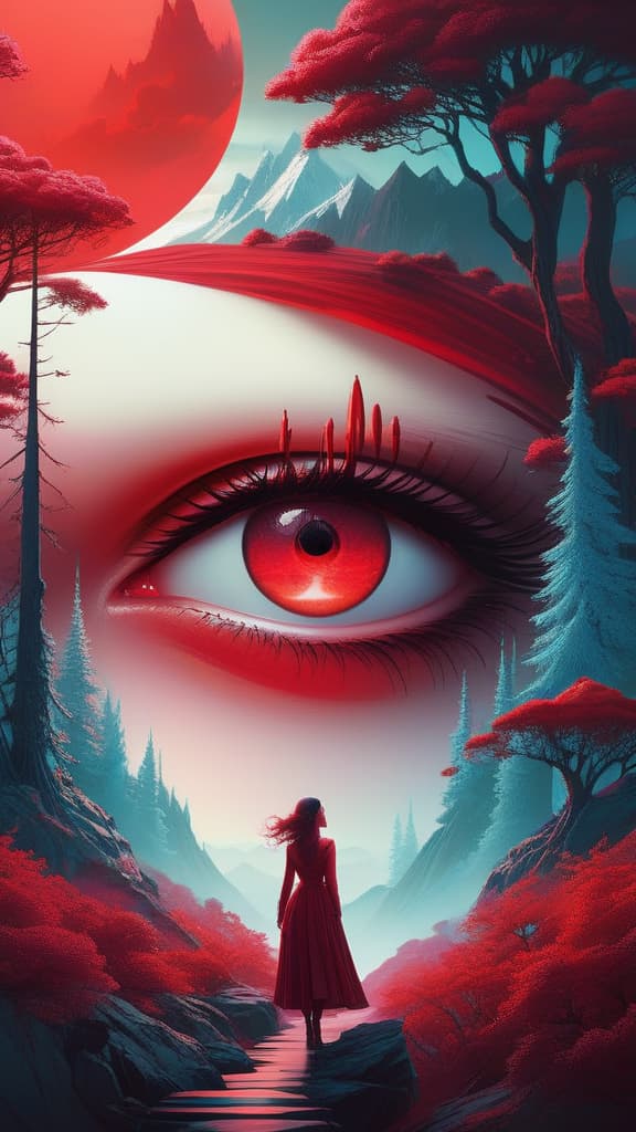  Beautiful woman. Detailed face. Open eyes. Scif vibes. Otherworldly. Cinematic. Ominous mountain, digital art, inspired by Cyril Rolando, digital art, blood red moon, red forest, beeple and jeremiah ketner, symmetrical digital illustration, realism | beeple, over detailed art, music album art. Mysterious. By Dreamer.<lora:xl_more_art-full_v1:0.5>, best quality, very detailed, high resolution, sharp, sharp image, extremely detailed, 4k, 8k
