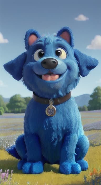  {A happy, big blue dog wagging its tail in a colorful meadow, The big blue dog is large with sky blue fur, big round eyes, a black nose, and floppy ears.