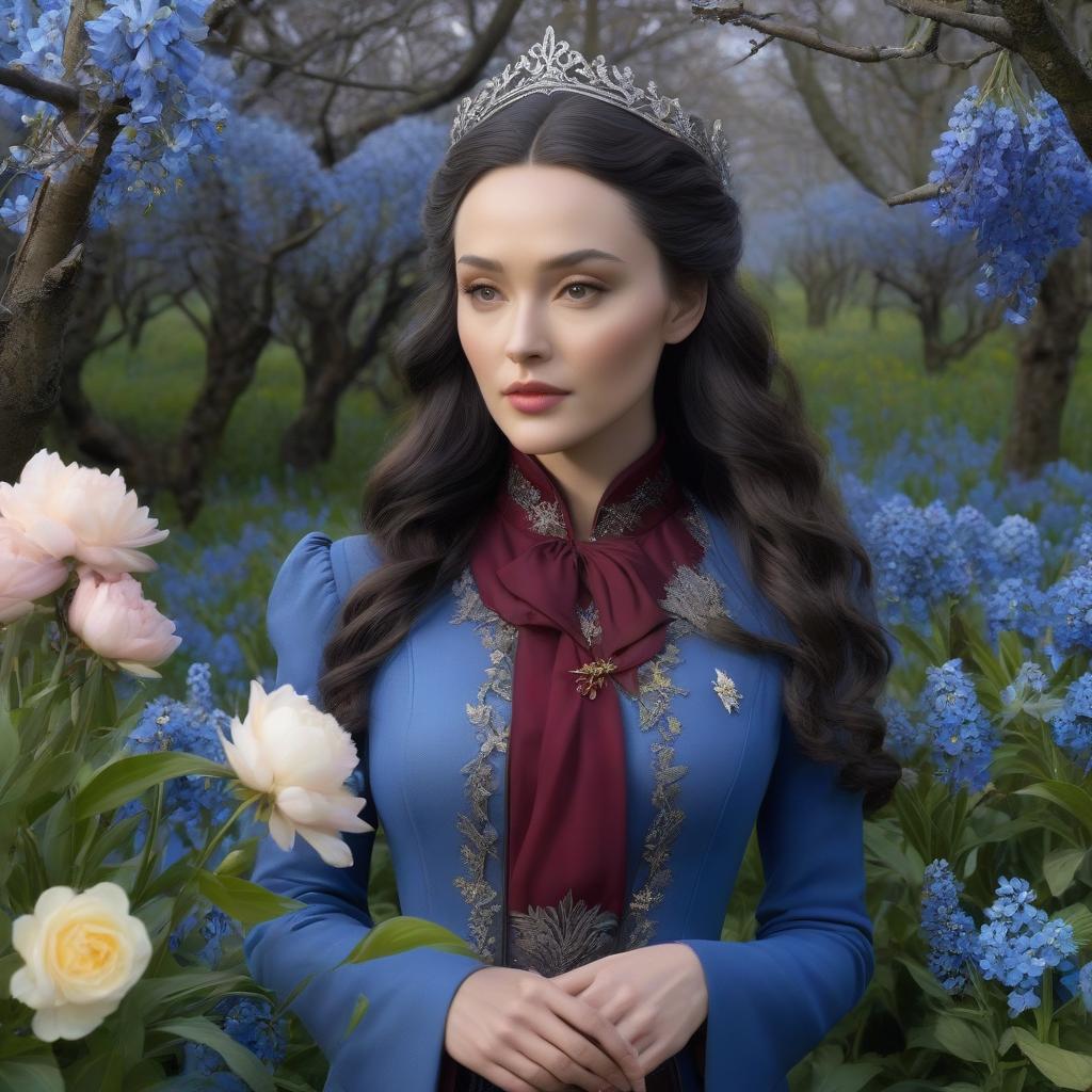  Luthien Tinuviel. A very pretty girl. Forest, silver crown on her forehead, blue coat. ((Sparkling rim)): spring field, hyacinths, roses, rosehips, rose hips, peonies, cherry tree, yellow, red, black flowers, forget me nots. hyperrealistic, full body, detailed clothing, highly detailed, cinematic lighting, stunningly beautiful, intricate, sharp focus, f/1. 8, 85mm, (centered image composition), (professionally color graded), ((bright soft diffused light)), volumetric fog, trending on instagram, trending on tumblr, HDR 4K, 8K