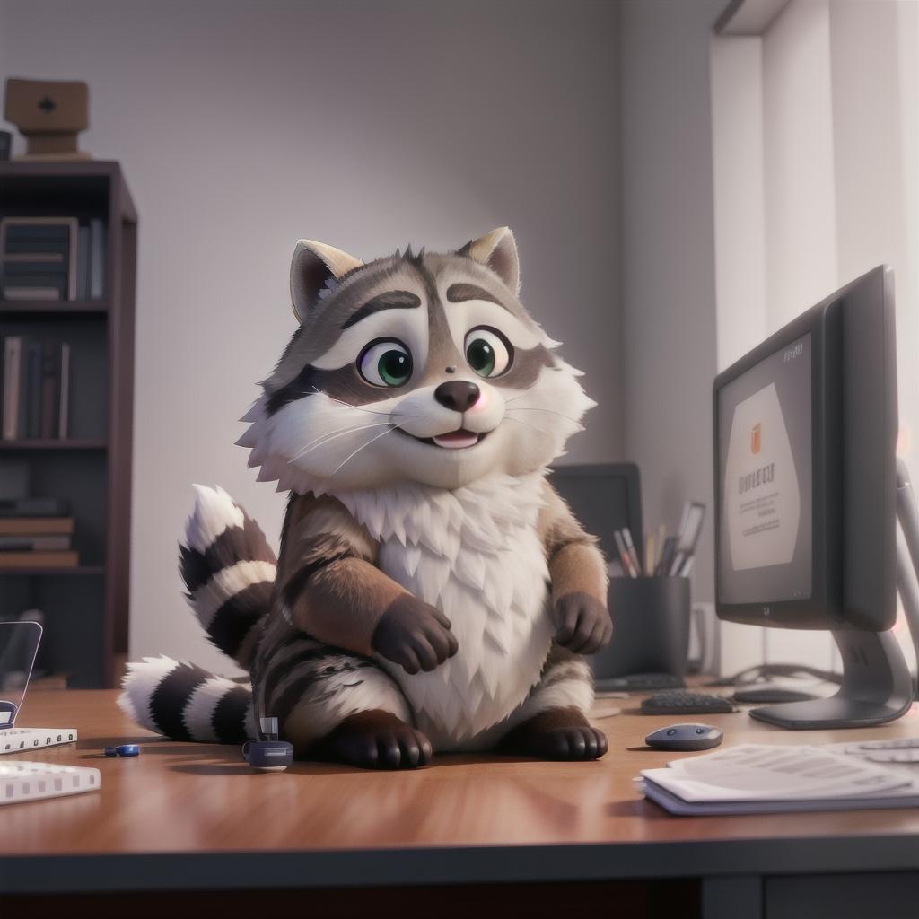  raccoon sitting in gaming chair front a computer on desktop, ((semi anthropomorphic)),(full body), tail, belly, sitting, fat, (chubby), (((white background))), solo, desktop, gaming chair, side view,  [[[clothes]]] hyperrealistic, full body, detailed clothing, highly detailed, cinematic lighting, stunningly beautiful, intricate, sharp focus, f/1. 8, 85mm, (centered image composition), (professionally color graded), ((bright soft diffused light)), volumetric fog, trending on instagram, trending on tumblr, HDR 4K, 8K