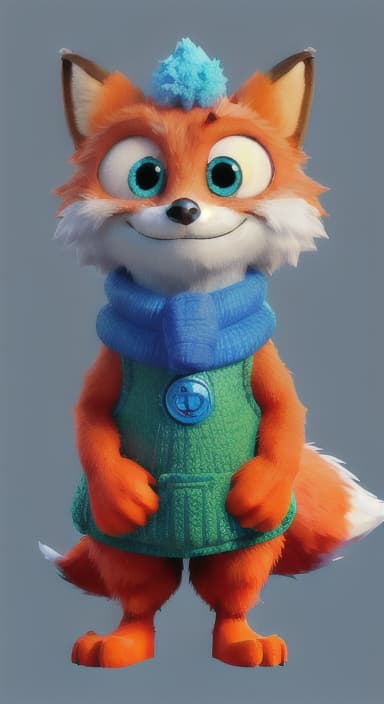  {Error the fox pressing the blue button with his paw, looking puzzled as nothing occurs., Error is a small, bright orange fox with a fluffy tail and big, inquisitive eyes. He has a mischievous yet kind expression and wears a tiny green scarf.