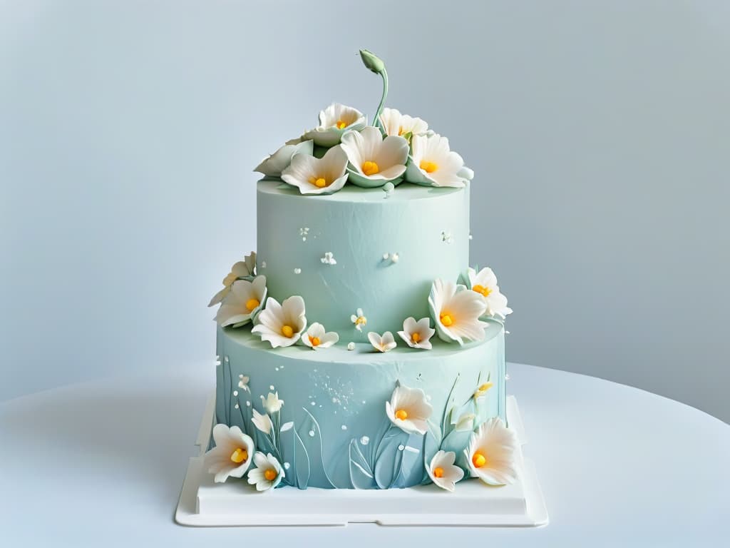  A closeup, ultradetailed image of delicate, handcrafted sugar flowers in soft pastel hues, elegantly placed atop a pristine white wedding cake. The intricate petals, each dusted with a subtle shimmer, showcase the meticulous artistry and skill involved in creating these edible masterpieces. The soft lighting accentuates the intricate details, casting subtle shadows that add depth and dimension to the overall composition. hyperrealistic, full body, detailed clothing, highly detailed, cinematic lighting, stunningly beautiful, intricate, sharp focus, f/1. 8, 85mm, (centered image composition), (professionally color graded), ((bright soft diffused light)), volumetric fog, trending on instagram, trending on tumblr, HDR 4K, 8K