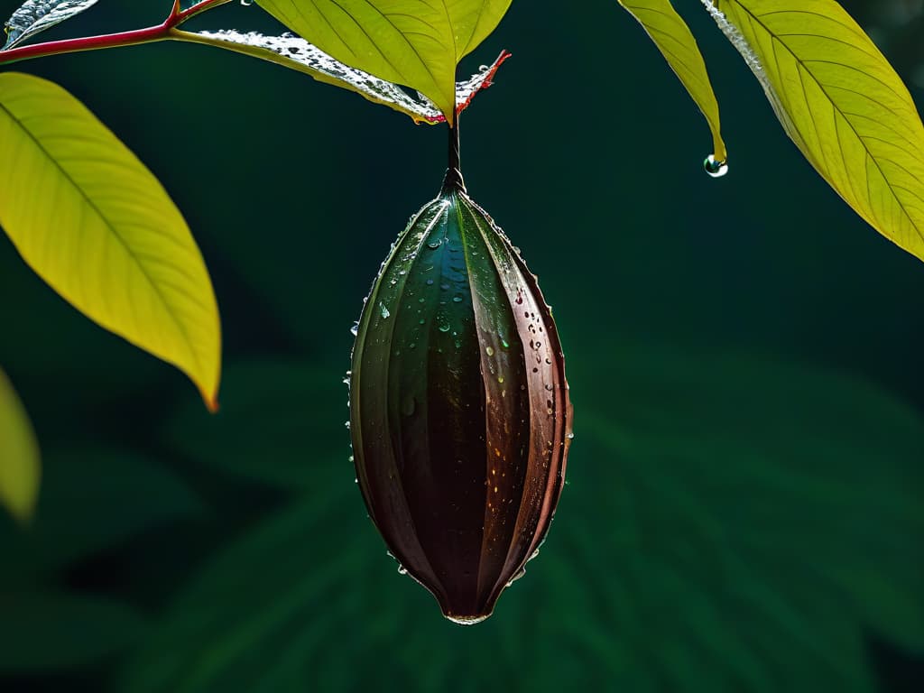  A closeup, photorealistic image of a cacao pod suspended in midair, with droplets of water glistening on its smooth surface. The rich, dark hues of the pod contrast beautifully with the vibrant green leaves in the background, highlighting the natural beauty and allure of the cacao criollo variety. The intricate details of the pod's texture and the play of light and shadow create a sense of depth and realism, inviting viewers to appreciate the essence of this unique and flavorful ingredient. hyperrealistic, full body, detailed clothing, highly detailed, cinematic lighting, stunningly beautiful, intricate, sharp focus, f/1. 8, 85mm, (centered image composition), (professionally color graded), ((bright soft diffused light)), volumetric fog, trending on instagram, trending on tumblr, HDR 4K, 8K