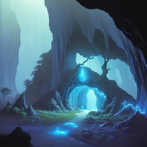  80's fantasy art, The entrance of a dark cave surrounded by hills. The cave emanates a faint blue light from within, and strange incisions and mysterious symbols are present on the ground at the entrance. The surrounding landscape is surreal and colorful, typical of the world of Ooo, with bizarre trees and luminous plants. In the sky, the sun shines high, contrasting with the mysterious atmosphere of the cave.