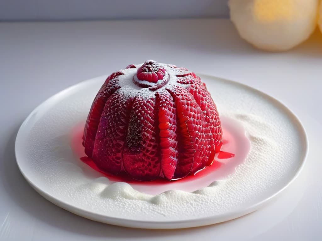  A closeup, ultradetailed image of a delicate, glossy raspberry gele on a pristine white plate. The light catches the surface of the gele, showcasing its smooth texture and vibrant color. Every tiny seed of the raspberry is visible, creating a visually striking and appetizing image that epitomizes the artistry and precision of using geles in creative pastry making. hyperrealistic, full body, detailed clothing, highly detailed, cinematic lighting, stunningly beautiful, intricate, sharp focus, f/1. 8, 85mm, (centered image composition), (professionally color graded), ((bright soft diffused light)), volumetric fog, trending on instagram, trending on tumblr, HDR 4K, 8K