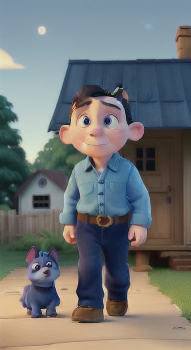  {Max walking back towards the cozy little house with droopy eyes, as twilight falls, The big blue dog is large with sky blue fur, big round eyes, a black nose, and floppy ears.