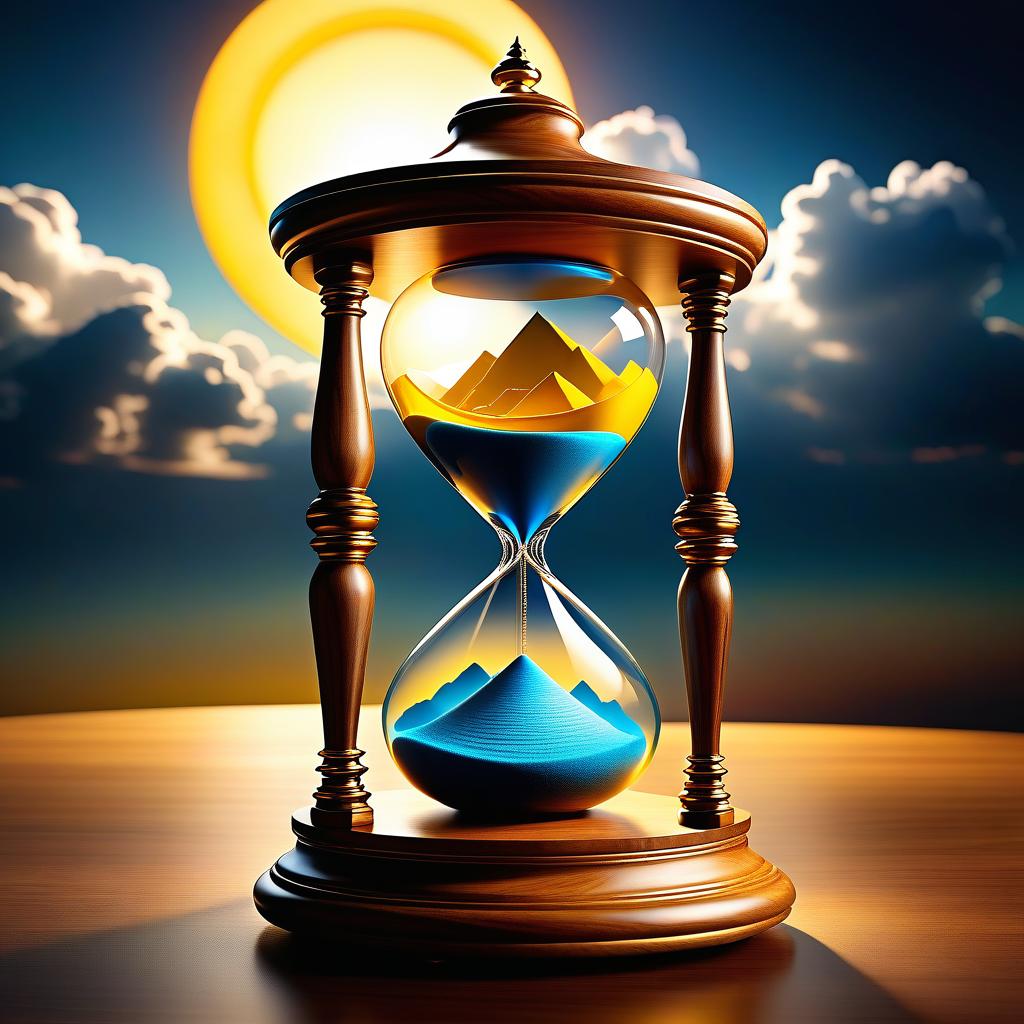  ethereal fantasy concept art of (Hourglass). clock design: wooden carved case covered with lacquer. Bowls of transparent glass. The top bowl of the clock shows the rising sun. Around the sun is a blue sky and white, golden pink clouds. (In the lower bowl of the clock): night, dark blue sky with a bright yellow month with a silvery cast. Under the sky are mountains covered with blue white snow, shimmering with different colours of the rainbow. Background: gradient: in the lower part of the background the structure of sand. In the upper part of the background perispherical clouds in the blue sky. Style: philosophical romantic fantasy. . magnificent, celestial, ethereal, painterly, epic, majestic, magical, fantasy art, cover art, dreamy hyperrealistic, full body, detailed clothing, highly detailed, cinematic lighting, stunningly beautiful, intricate, sharp focus, f/1. 8, 85mm, (centered image composition), (professionally color graded), ((bright soft diffused light)), volumetric fog, trending on instagram, trending on tumblr, HDR 4K, 8K