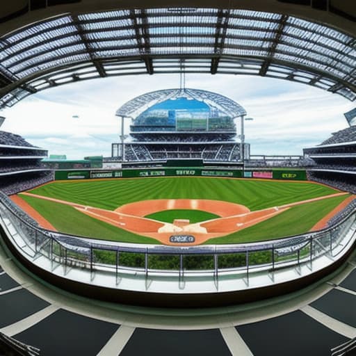  panoramic views of futuristic MLB baseball stadium with a lot of greenery and glass dome