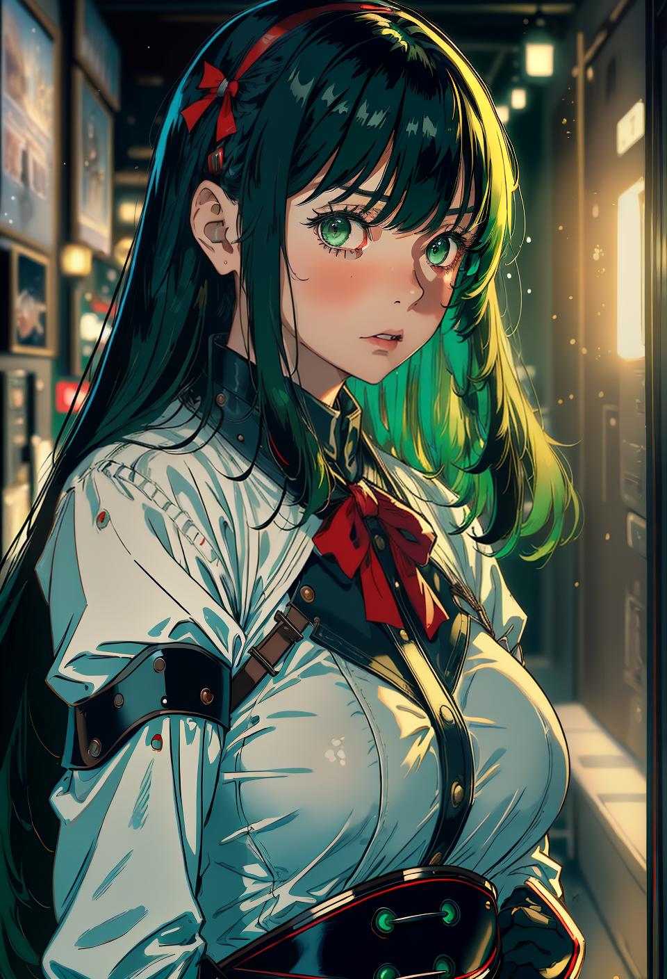  ((trending, highres, masterpiece, cinematic shot)), 1girl, mature, female World War II outfit, large, Christmas scene, long straight dark green hair, bangs covering eyes, large grey eyes, robotic personality, scared expression, tanned skin, morbid, clever