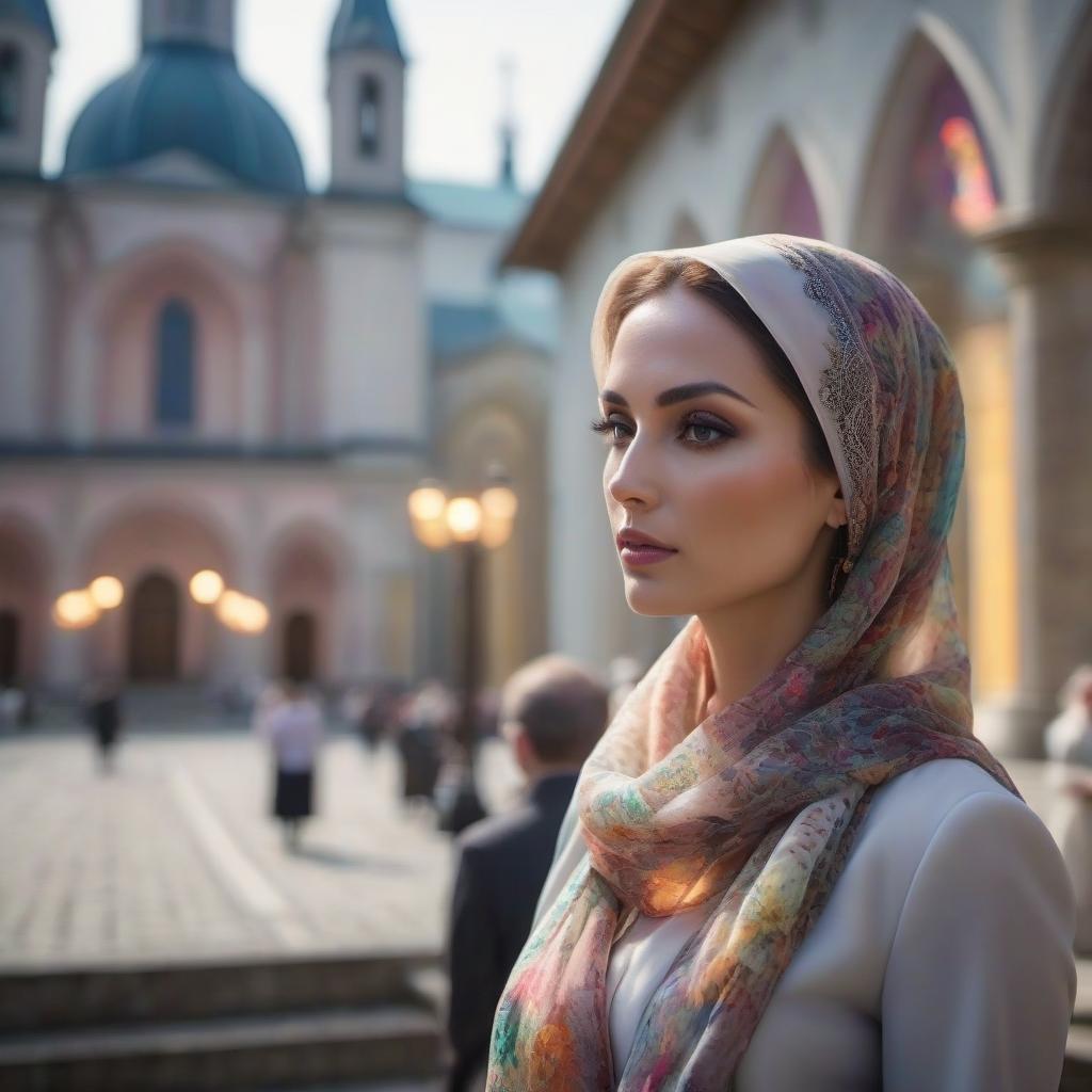  face, woman in profile, black eyes, head covered with a beautiful chiffon scarf, a beautiful church in the background, Clear focus, intricate details, bright bokeh. Surreal works of art, multicolor and atmospheric haze. Dynamic angles, cinematic shots, film stills with vivid details. hyperrealistic, full body, detailed clothing, highly detailed, cinematic lighting, stunningly beautiful, intricate, sharp focus, f/1. 8, 85mm, (centered image composition), (professionally color graded), ((bright soft diffused light)), volumetric fog, trending on instagram, trending on tumblr, HDR 4K, 8K