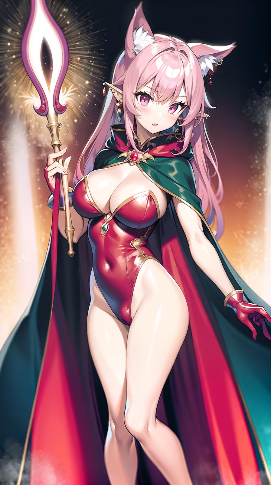  master piece , best quality,Long cape, huge ribbon, leotard, gloves, jewelry, earrings, wings of light, red costume, long two side up hair, pink hair color, wolf tail, beautiful with wolf ears, big s, magic hat, magic wand, growth transformation, full body