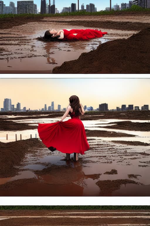 modelshoot style a woman in a strapless red dress, long brown hair, leaning back on a wall and looking off to the side and upward to the air, with a beautiful night sky and city background. the dress is (((very tight and showing some areola))), suddenly, she is (((sinking deeply in mud))), (((struggling to escape))), ((((face deep)))), (((trying vigorously to stay above the mud))), ((((comic page 5 panels)))),