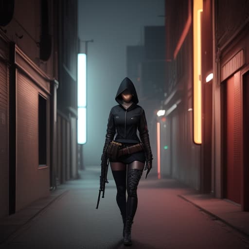  a hooded and masked women with a rifle in hand, abstract art, neon backgroun7d hyperrealistic, full body, detailed clothing, highly detailed, cinematic lighting, stunningly beautiful, intricate, sharp focus, f/1. 8, 85mm, (centered image composition), (professionally color graded), ((bright soft diffused light)), volumetric fog, trending on instagram, trending on tumblr, HDR 4K, 8K