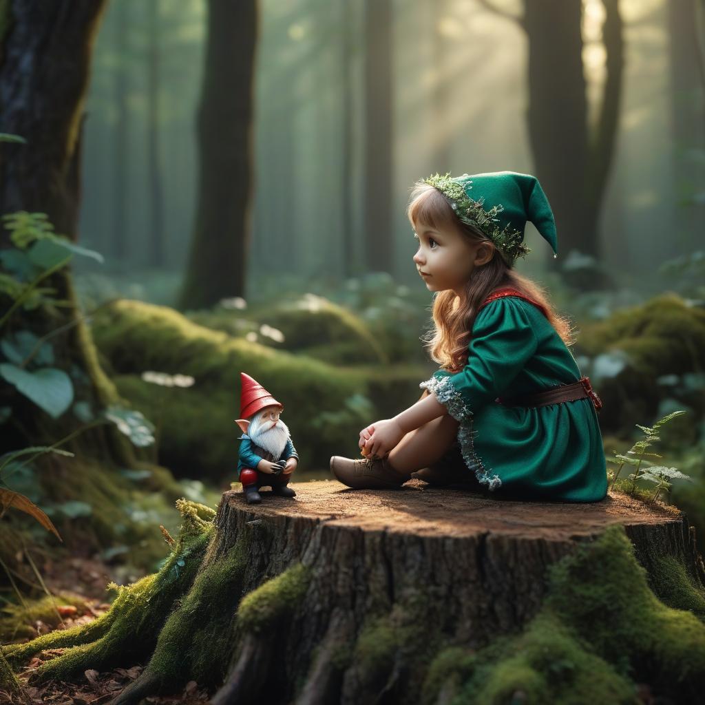  cinematic photo A cute little elf girl sits on a stump and holds the hand of a very small gnome against the background of a fairy forest, . 35mm photograph, film, bokeh, professional, 4k, highly detailed hyperrealistic, full body, detailed clothing, highly detailed, cinematic lighting, stunningly beautiful, intricate, sharp focus, f/1. 8, 85mm, (centered image composition), (professionally color graded), ((bright soft diffused light)), volumetric fog, trending on instagram, trending on tumblr, HDR 4K, 8K