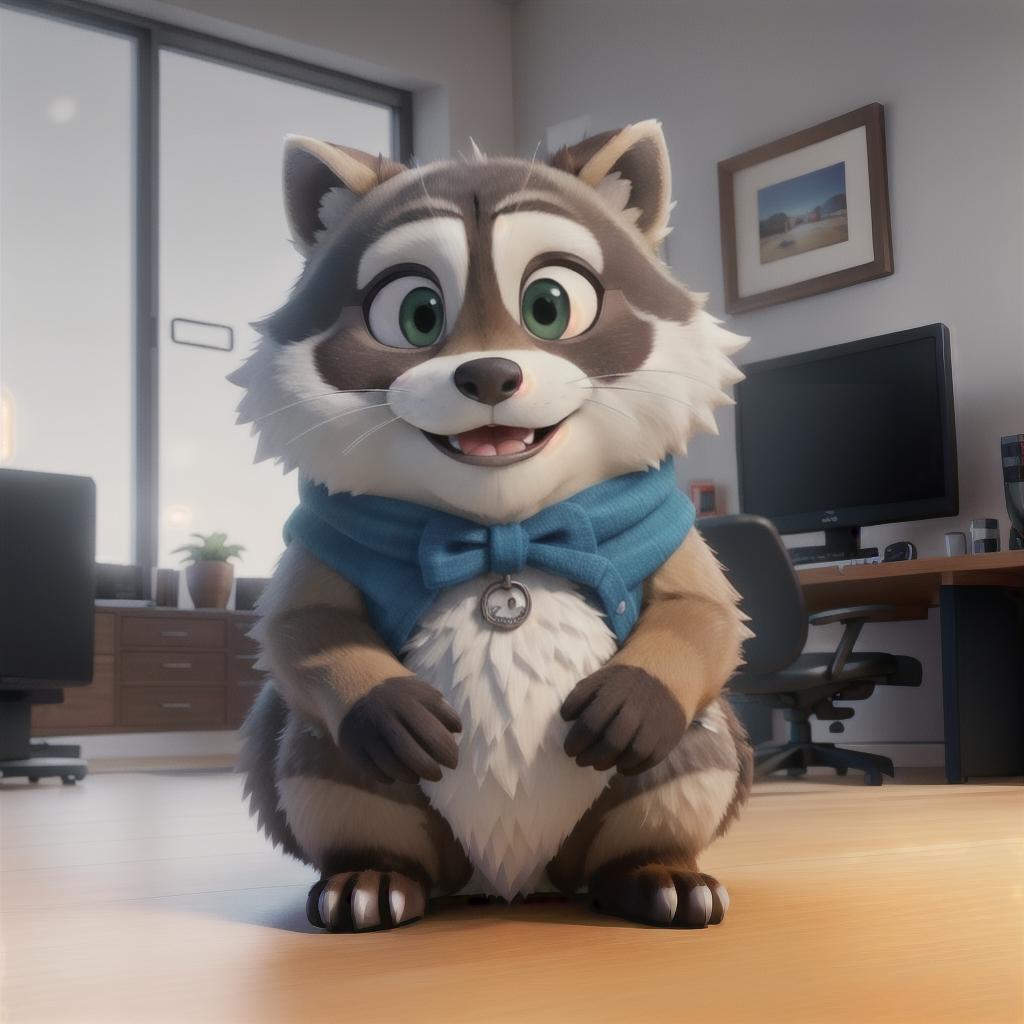  raccoon sitting in gaming chair front a computer on desktop, ((semi anthropomorphic)),(full body), tail, belly, sitting, fat, (chubby), (((white background))), solo, desktop, gaming chair, side view,  [[[clothes]]] hyperrealistic, full body, detailed clothing, highly detailed, cinematic lighting, stunningly beautiful, intricate, sharp focus, f/1. 8, 85mm, (centered image composition), (professionally color graded), ((bright soft diffused light)), volumetric fog, trending on instagram, trending on tumblr, HDR 4K, 8K