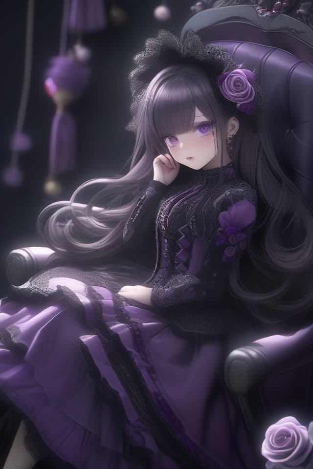  hyper detailed,ultra detailed,detailed,high quality,best quality,absurdres,highres,a girl,sleepy,sitting,looking up,long hair,hime cut,black hair,purple eyes,tareme,jitome,fair skin,short,slim,gothic lolita,dress,gray background,gradient black background,with a kingchair,purple rose,at night,dark fantasy,full body shot,from front,ground level shot,moonlight,bloom,dark colors