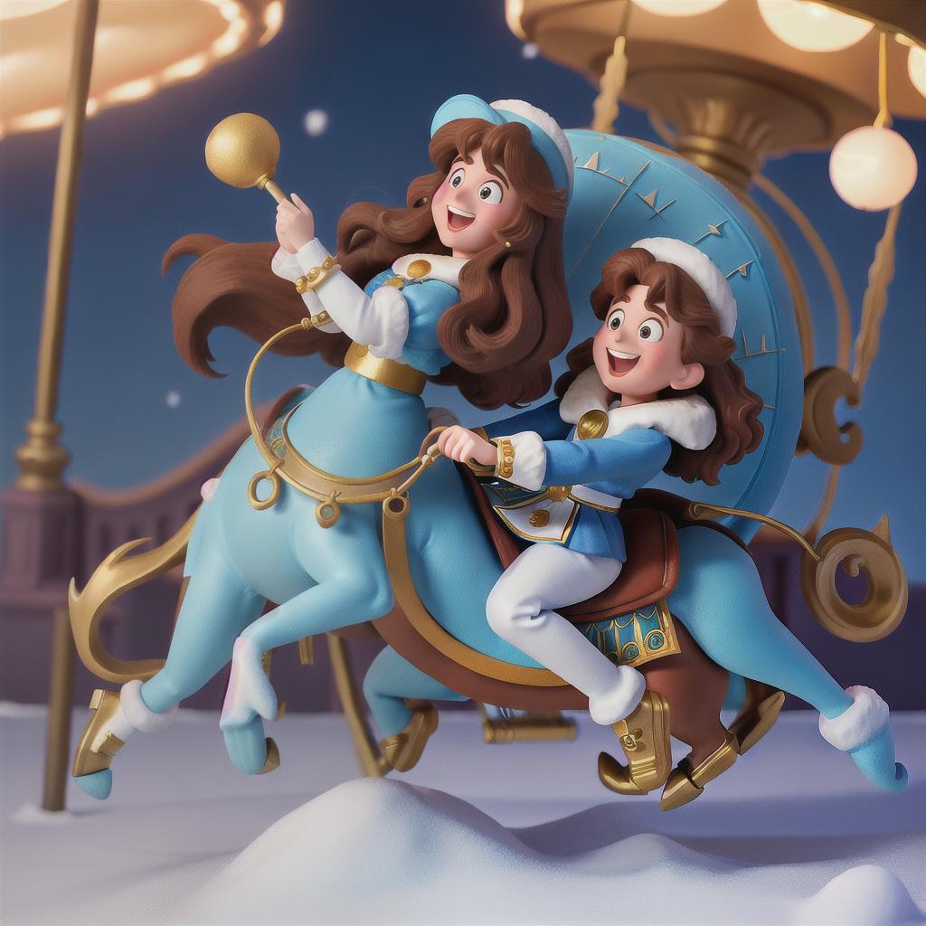  masterpiece, best quality, 80 's animation, color lead painting, classicism, carousel, new year, ice and snow, night, medium hair, brown hair, bulky fluffy hair, fluffy hair, laughing, goddess, single, full body, panoramic, close-up