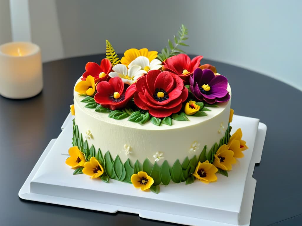  A photorealistic image of a beautifully decorated vegan and organic cake, showcasing intricate details such as colorful edible flowers, delicate piping work, and a glossy finish. The cake sits on a elegant cake stand, with soft natural lighting highlighting its textures and design, making it a visually stunning and appetizing centerpiece for any vegan baking enthusiast. hyperrealistic, full body, detailed clothing, highly detailed, cinematic lighting, stunningly beautiful, intricate, sharp focus, f/1. 8, 85mm, (centered image composition), (professionally color graded), ((bright soft diffused light)), volumetric fog, trending on instagram, trending on tumblr, HDR 4K, 8K