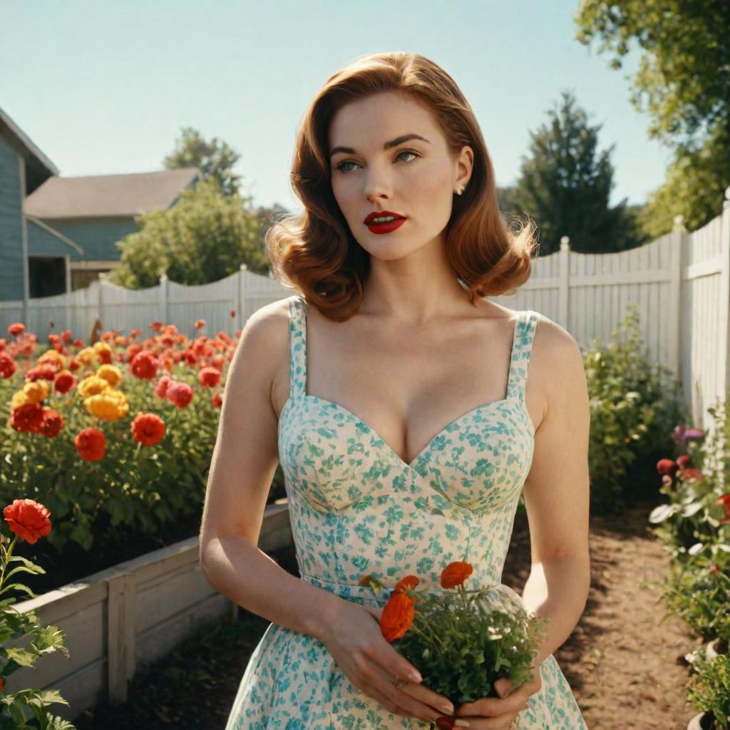  Cinematic Film Still, Movie Still, 1950s \(year\) America, A stunningly beautiful 1950s American housewife, gardening, dirty, vibrant flowers, garden, natural lighting, clear skies, white fence, wholesome, wearing summer dress, pale skin, detailed facial features, candid, dynamic angle, (extremely detailed), detailed skin texture, [imperfect skin], 35mm, film grain, photographed on a Canon AE 1, Lomography XPRO 200 film, grainy, United States hyperrealistic, full body, detailed clothing, highly detailed, cinematic lighting, stunningly beautiful, intricate, sharp focus, f/1. 8, 85mm, (centered image composition), (professionally color graded), ((bright soft diffused light)), volumetric fog, trending on instagram, trending on tumblr, HDR 4K, 8K