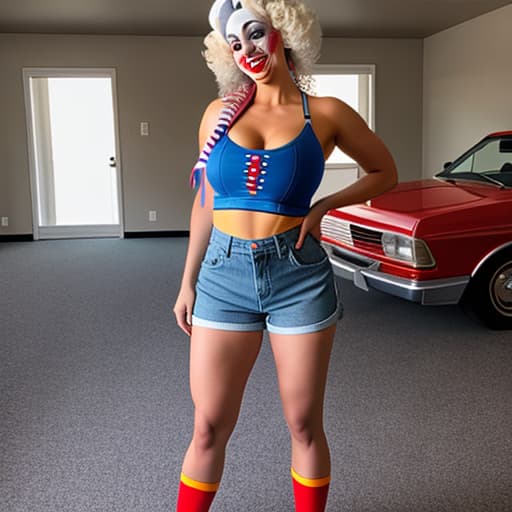  lady clown in jeans shorts being sexualy retained. Full body