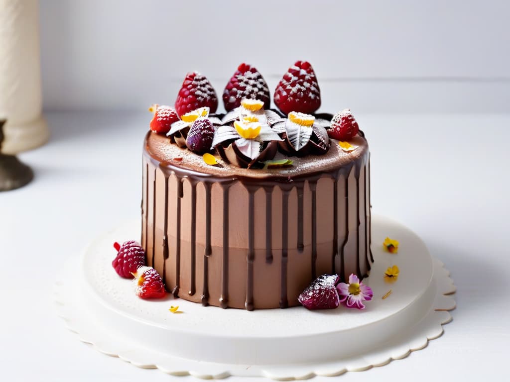  A closeup, ultrahigh resolution image of a beautifully crafted, intricately designed vegan chocolate cake topped with fresh raspberries and edible flowers, set against a clean, minimalist backdrop. The cake is elegantly decorated with delicate chocolate drizzle and gold leaf accents, showcasing the artistry and creativity that sustainable baking apps can inspire in the kitchen. hyperrealistic, full body, detailed clothing, highly detailed, cinematic lighting, stunningly beautiful, intricate, sharp focus, f/1. 8, 85mm, (centered image composition), (professionally color graded), ((bright soft diffused light)), volumetric fog, trending on instagram, trending on tumblr, HDR 4K, 8K