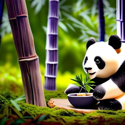 wa-vy style Panda eating bamboo in the forest high resolution with lightning and raining