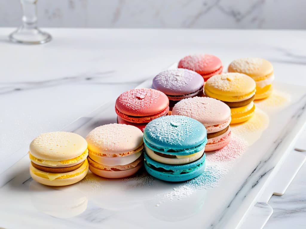  An image of a perfectly aligned row of colorful macarons placed on a sleek, white marble tabletop. Each macaron is delicately dusted with a fine sprinkling of powdered sugar, highlighting their smooth, glossy shells. The colors range from pastel pink, vibrant turquoise, sunny yellow, and rich lavender, creating a visually stunning and appetizing display. The natural lighting softly illuminates the macarons, casting gentle shadows that add depth to the composition. The simplicity of the setting accentuates the elegance and beauty of these delectable and healthy treats. hyperrealistic, full body, detailed clothing, highly detailed, cinematic lighting, stunningly beautiful, intricate, sharp focus, f/1. 8, 85mm, (centered image composition), (professionally color graded), ((bright soft diffused light)), volumetric fog, trending on instagram, trending on tumblr, HDR 4K, 8K