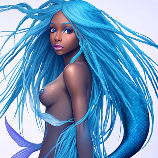  Create a image of a Airbrushed Hyperrealistic Glossy Beautiful African American dark-skinned Female with Long blue hair big blue eyes with long eyelashes full lips and a Beautiful blue Mermaids tail