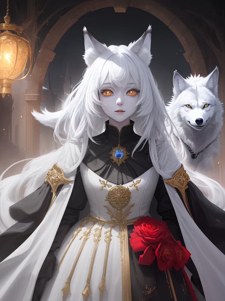  ((one girl and one wolf))、glowing golden eyes black vampire girl、white skin、BREAK、(red wolf)、best quality:1.4、masterpiece:1.4、ultra detailed texture、absurd resolution、8K illustration、💩、💩、💩、💩、💩、, masterpiece, best quality,8k,ultra detailed,high resolution,an extremely delicate and beautiful,hyper detail