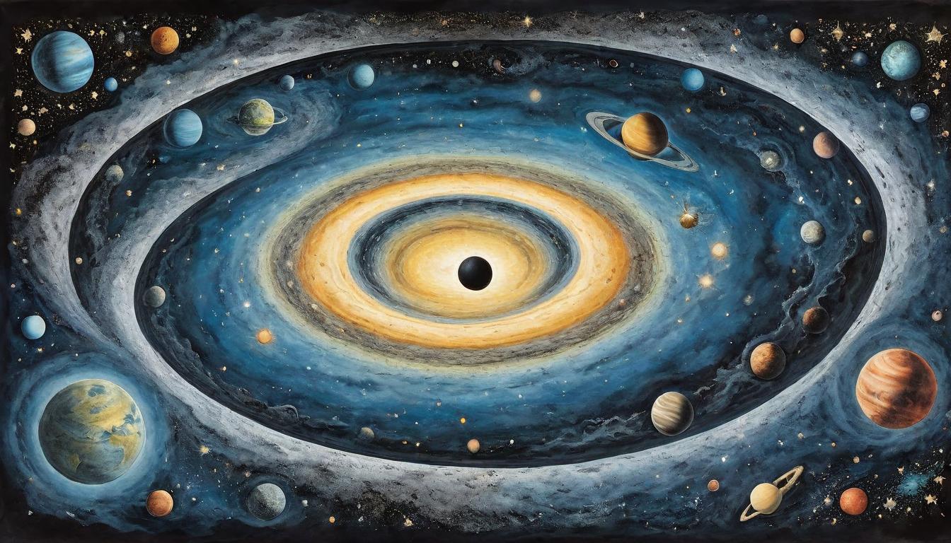  on parchment, surrealism+++, A vast black hole at the center of a cosmic scene, glowing edges of the black hole rippling outward, numerous stars and planets being pulled in, some fragmented, others stretching, consuming presence, relentless, vastness(mysterious, provocative, symbolic,muted color)+++