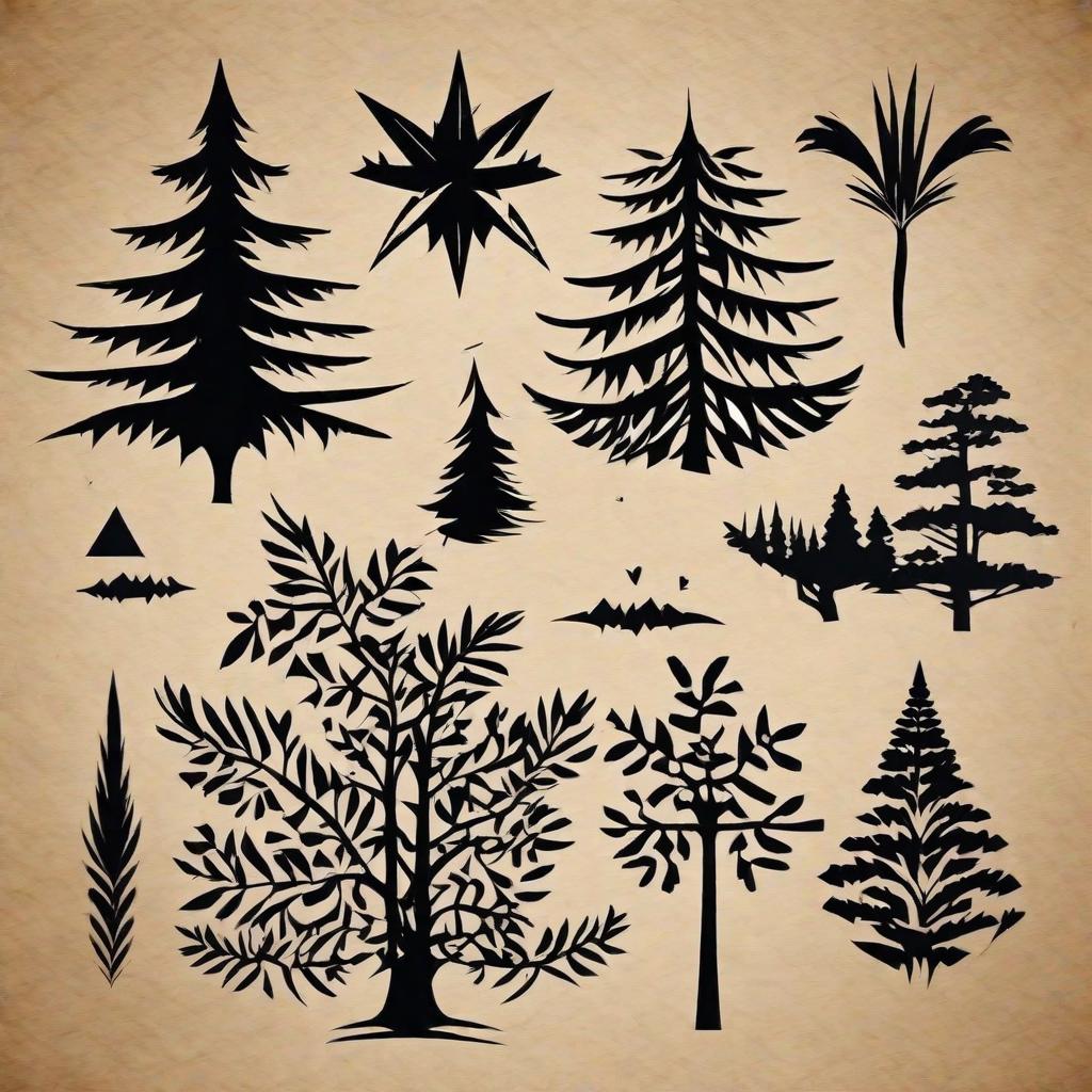  masterpiece, best quality, Create a black tattoo with both an Oak Tree and a Pine Tree