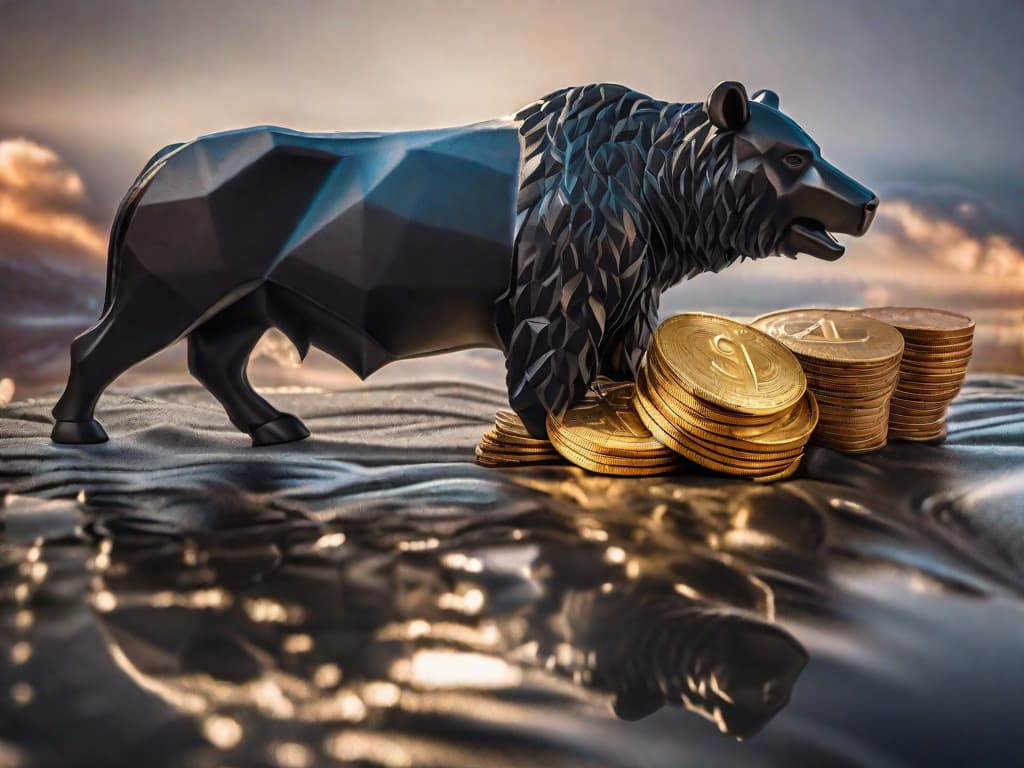  A bull and a bear made of paper currency locked in a tug of war, with a stock market graph in the background showing both upward and downward trends. digital art, ilustration, no flares, clean hyperrealistic, full body, detailed clothing, highly detailed, cinematic lighting, stunningly beautiful, intricate, sharp focus, f/1. 8, 85mm, (centered image composition), (professionally color graded), ((bright soft diffused light)), volumetric fog, trending on instagram, trending on tumblr, HDR 4K, 8K