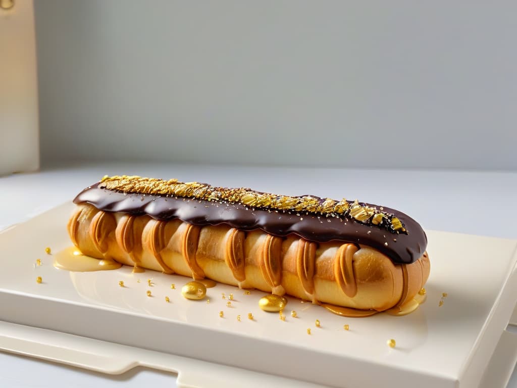  An ultrahighdefinition, minimalist image of a perfectly goldenbrown éclair topped with a glossy chocolate glaze, delicately sprinkled with flecks of edible gold leaf. The éclair is elegantly placed on a sleek, modern white plate, set against a soft, blurred background that subtly highlights the decadent shine of the glaze. The image captures the exquisite craftsmanship and artistry of French pastry, inviting viewers to indulge in the sophistication and mastery of éclair and choux pastrymaking. hyperrealistic, full body, detailed clothing, highly detailed, cinematic lighting, stunningly beautiful, intricate, sharp focus, f/1. 8, 85mm, (centered image composition), (professionally color graded), ((bright soft diffused light)), volumetric fog, trending on instagram, trending on tumblr, HDR 4K, 8K