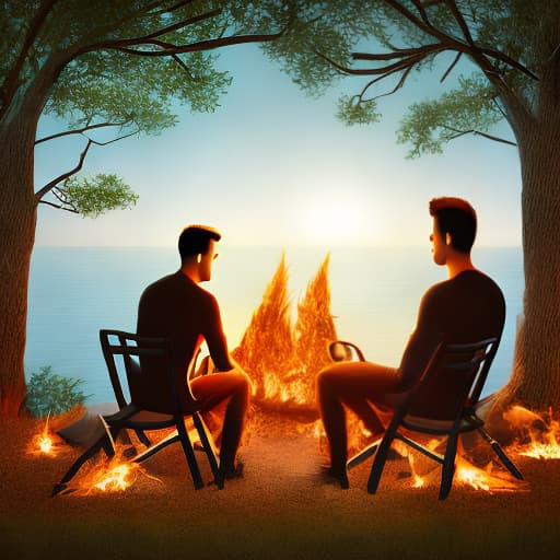 mdjrny-v4 style two young men sitting by a fire near a lake