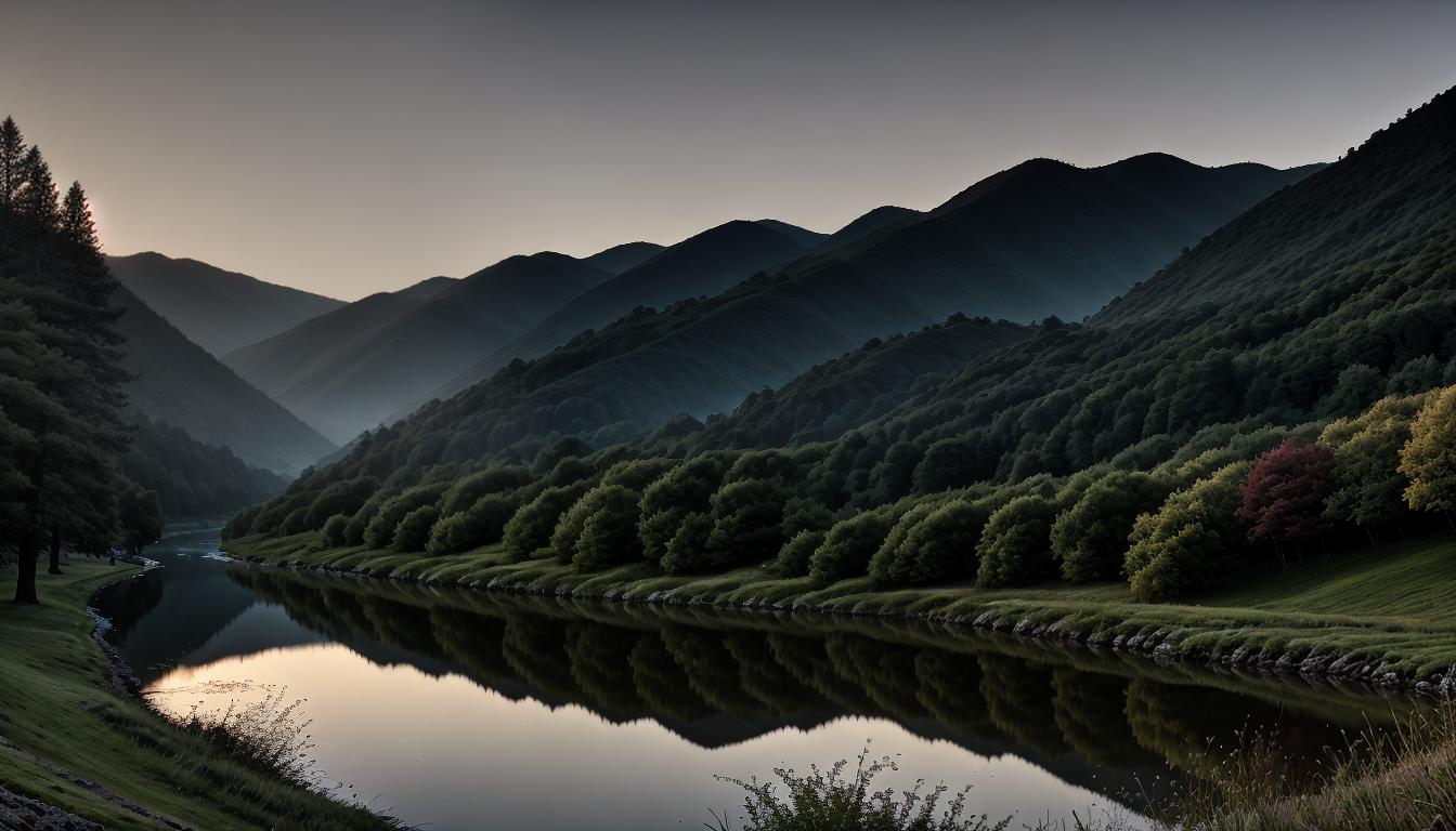  cinematic, aesthetic, A serene landscape, gentle hills, a calm river winding, still reflections, ambient twilight, contemplative mood, 4k, HDR, lens flare