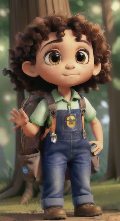  {The tree with a twinkling eye, while its leaves gently rustle., Riley, a curious with big brown eyes and curly hair, wearing overalls and carrying a small backpack. Their friend, Skye, a bluebird with shiny feathers.