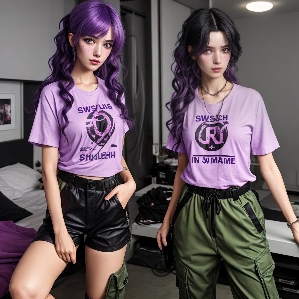  in a cyberpunk setting, cute beautiful swiss . she is quite tall and slim. she has a bright face. she has medium length curly black hair with purple tips. she has green eyes and a quite long nose. she has also cheeks quite pinked and freckles. she is wearing a light purple t-shirt and black cargo pants. she is in her room her .