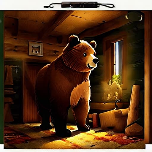  (best quality:1.5),(realistic:1.0),1boy, bear, cabin